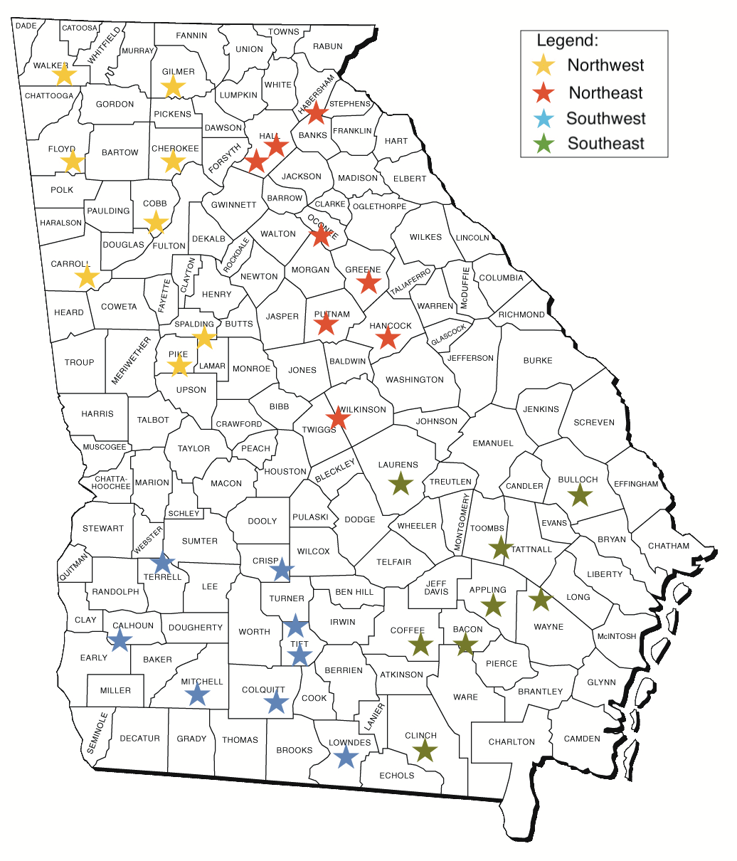Map of Georgia with stars throughout the state marking weather stations. The stars are colored by the region of the state the station is in - northwest, northeast, southwest, and southeast.