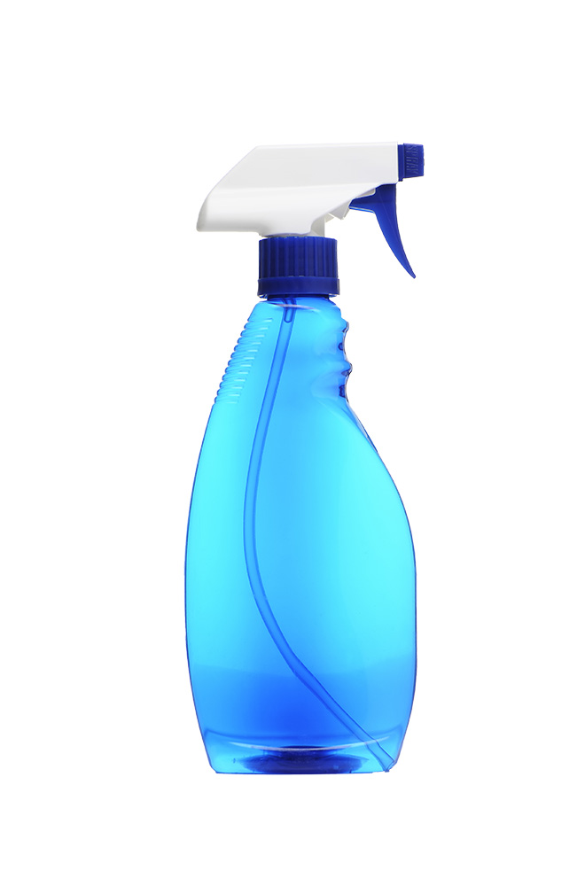 blue window cleaner in an unlabeled bottle