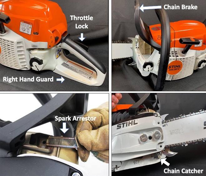 Four images of chainsaws displaying the safety features. The first image shows the handle, with the throttle lock and right hand guard labeled. The second shows the side of the chainsaw, with the chain brake labeled. The third image shows the spark arrestor, which is labeled. The fourth image shows the other side of the chainsaw, with the chain catcher labeled.