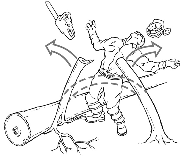 A bending tree springs outward, knocking the chainsaw out of the operator's hand and the helmet off their head.