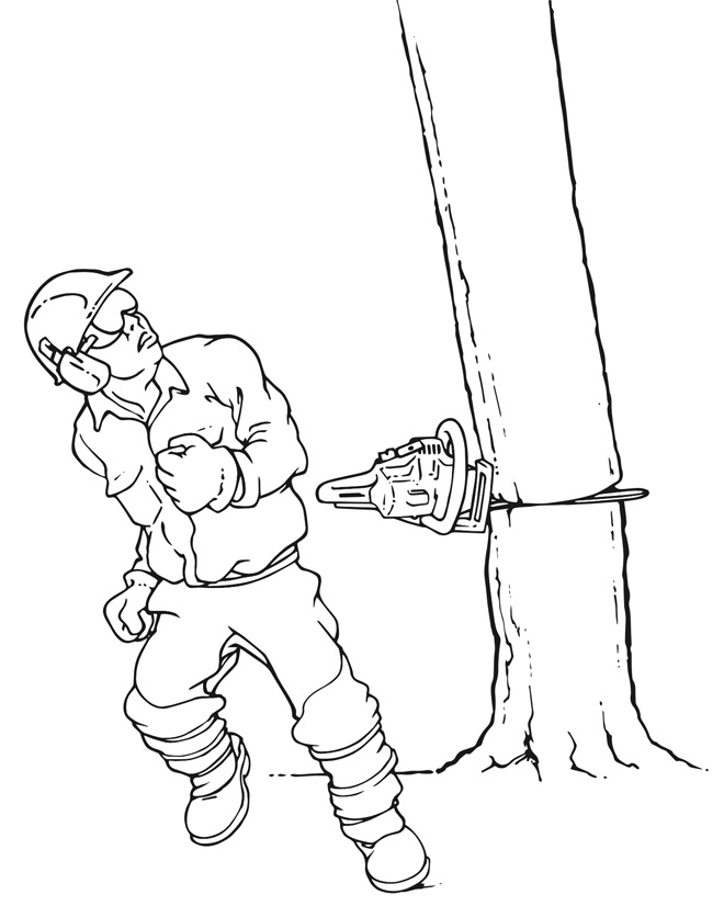 A tree sets back, with a chainsaw caught in it. The feller moves away to avoid the tree falling on them.