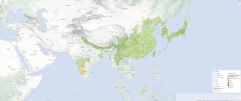 Map of East Asia showing the native range of the Joro spider, indicated with green areas over most of China, Japan, Korea, and along the northern border of India.