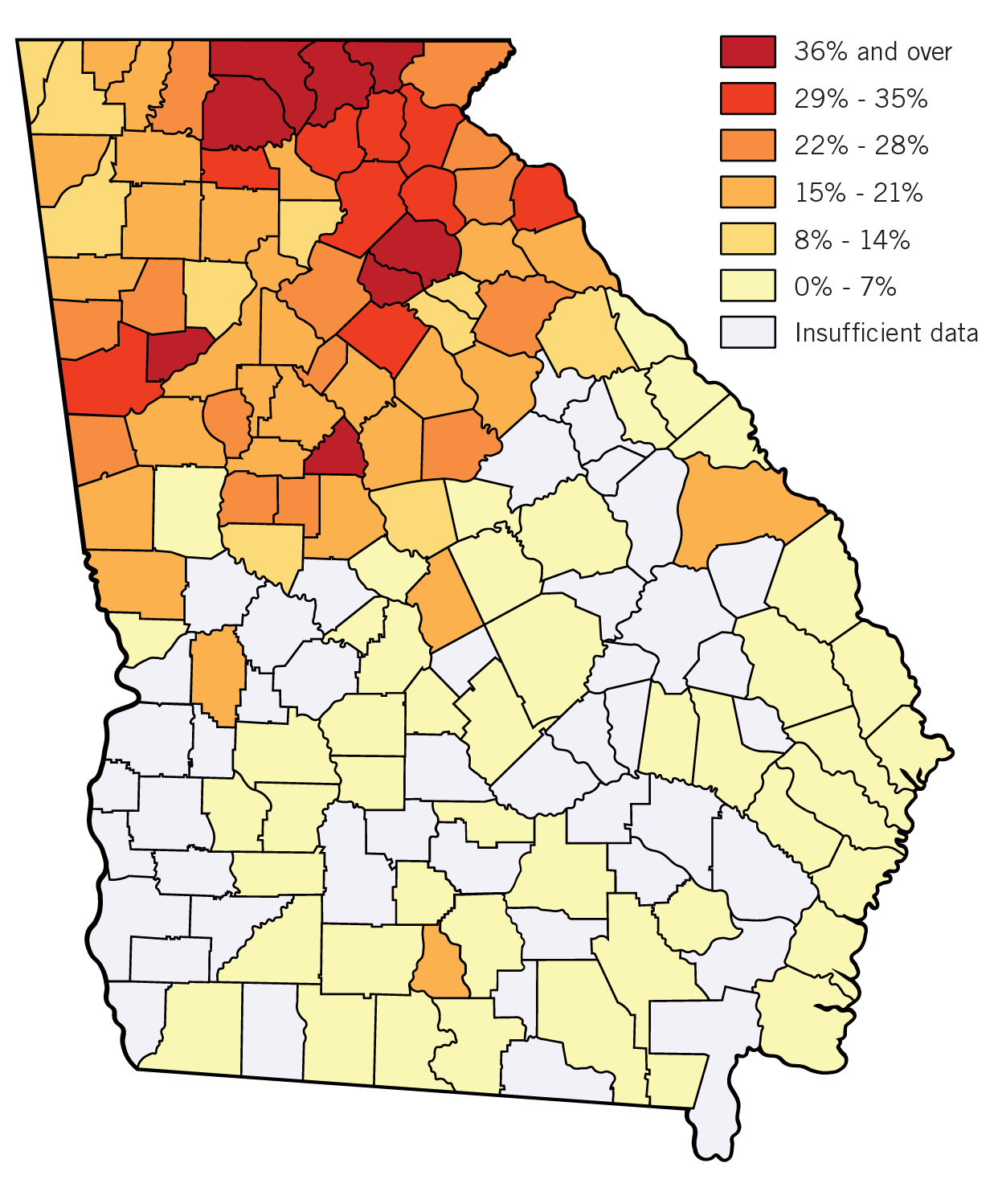 A color-coded map of Georgia counties shows the percentage of homes tested with radon levels at or above 4.0 pCI/L.