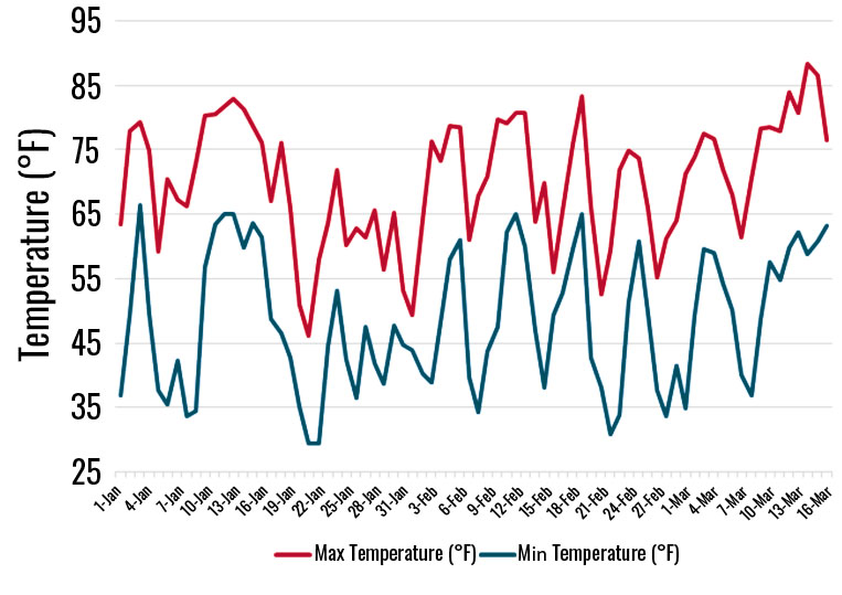 Line graph displaying daily maximum and minimum temperatures (in °F) from January 1 to March 16. Max temperatures generally range from 60°F to 85°F, while minimums vary more widely, dipping below 35°F multiple times. Both trends show fluctuations but rise gradually toward mid-March.
