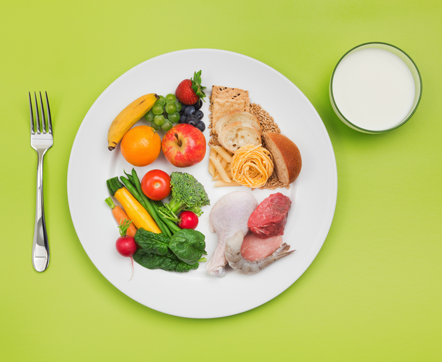 A white dinner plate sits on a green background and is half-full of fruits and vegetables, with the other half split between proteins and carbohydrate-rich foods.