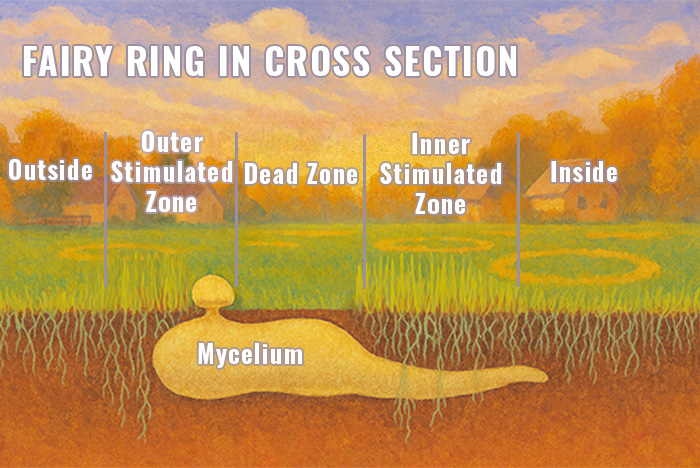 an illustrated cross section of fairy ring depicting several zones based on their relative proximity to mycelium growth and respecting growth orientation. From behind the grwoth to its extending direction, the zones are called Outside, Outer Stimulated Zone, Dead Zone, Inner Stimulated Zone, Inside respectively.