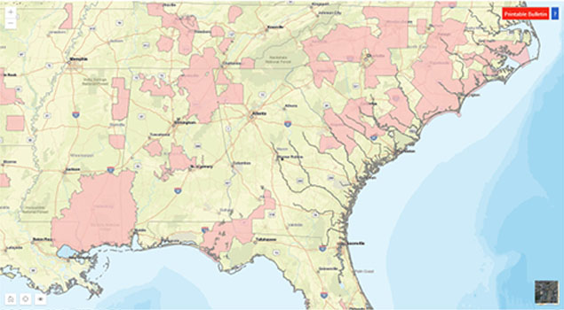 a map of the southeast united states with regions highlighted to indicate areas where pesticide use is limited