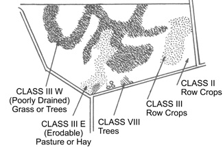 Land capability map showing a plot of land with areas of trees, erodable area, poorly drained area, and row crops.