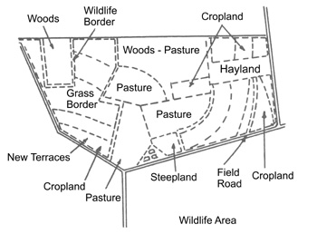 Land capability layout with a plot of land marked off with sections of woods, cropland, pasture, hayland, new terraces, and grass borders.