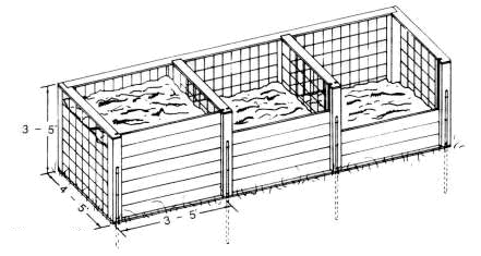 Three-Chambered Bin. Each chamber is 3-5 feet wide and tall, and 4-5 feet deep