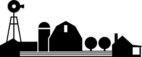 silhouettes of farm buildings and field