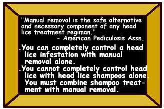 Blackboard with text: "Manual removal is the safe alternative and necessary component of any head lice treatment regiman." - American Pediculosis Assn. You can completely control a head lice infestation with manual removal alone. You cannot completely control head lice with head lice shampoo alone. You must combine shampoo treatment with manual removal.