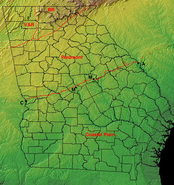 Map of Georgia with counties outlined, and the geological regions are outlined in red. 