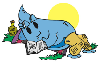 Cartoon style water droplet lying in the sun reading a book