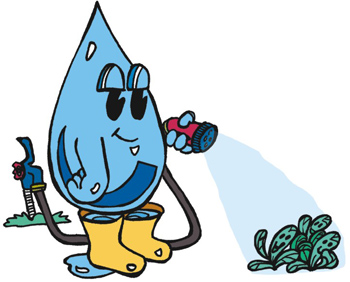 Cartoon water droplet watering a plant with a hose