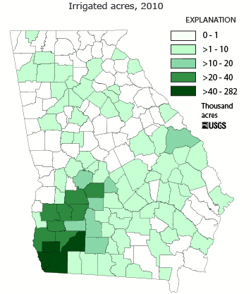 County map of Georgia showing number of irrigated acres in 2010. Counties in the southwest corner of the state have the most irrigated acres.