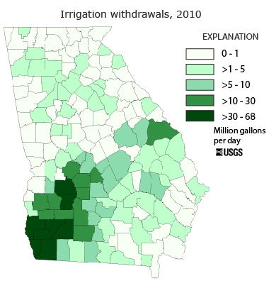 County map of Georgia showing irrigation withdrawals in 2010. Counties in the southwest corner of the state have the most irrigation withdrawals