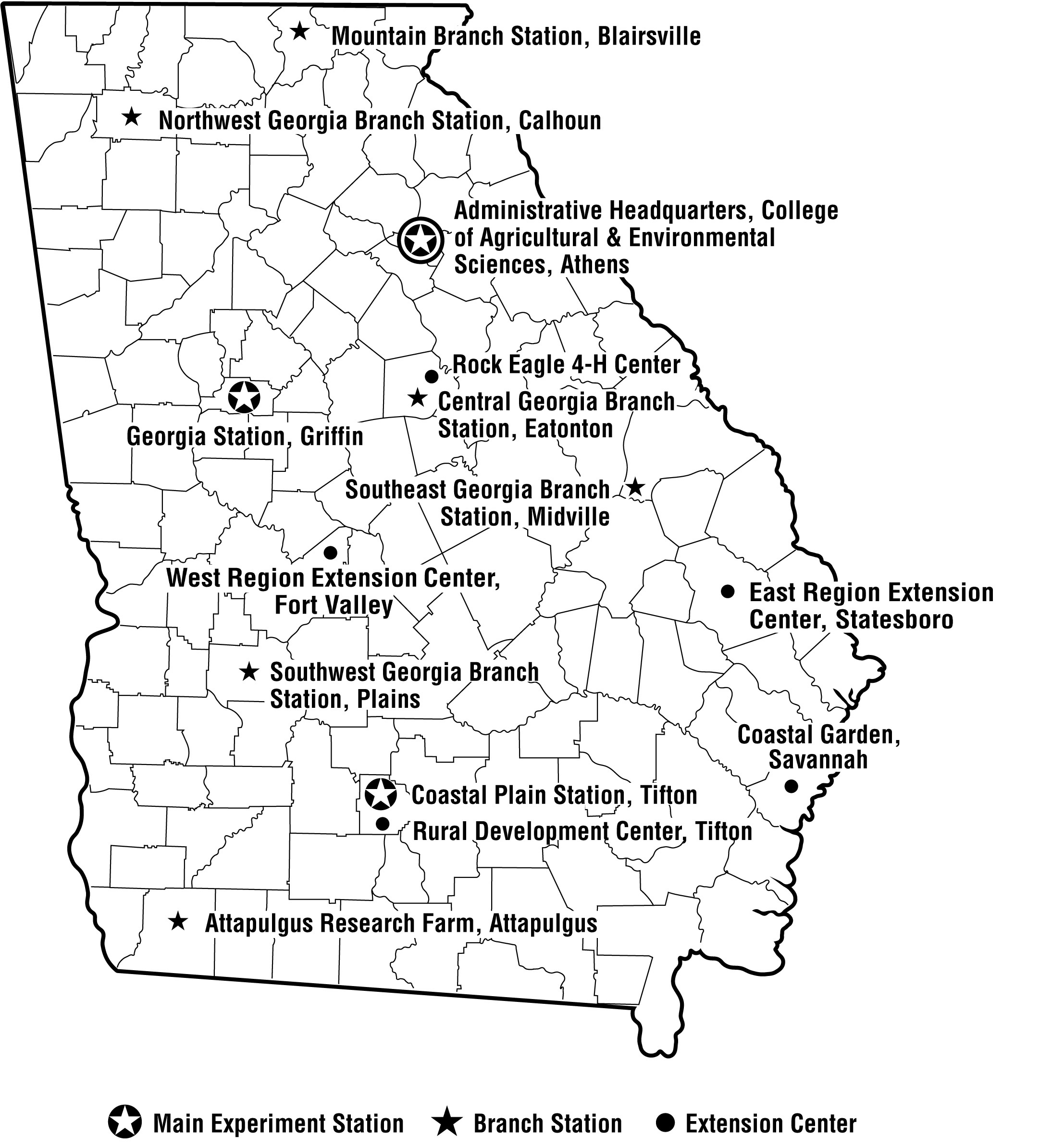 Map of Georgia with research stations marked throughout the state