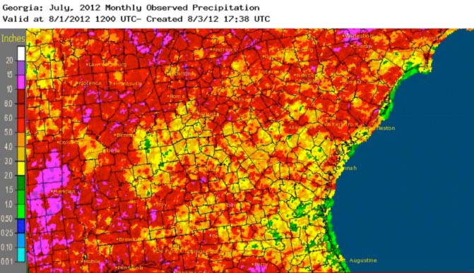Map showing precipitation totals across Georgia in July 2012.