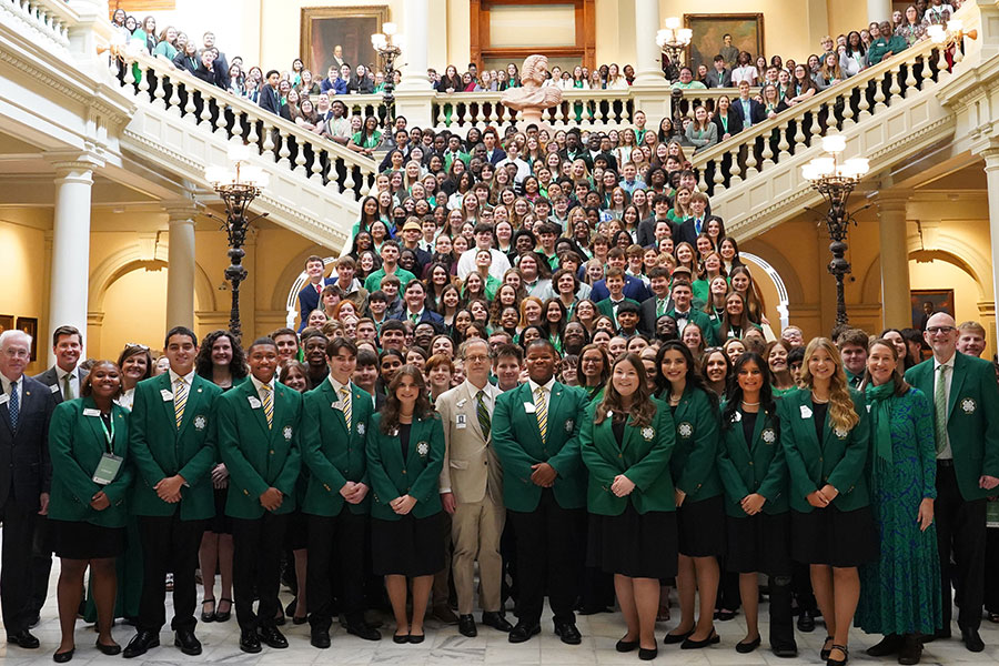 Georgia 4-H'ers and Georgia 4-H leaders were welcomed to the Georgia State Capitol on Feb. 25 by state representatives and senators, who posed with the group on the Oglethorpe steps.