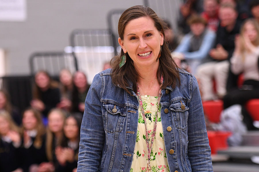 Morgan County High School agricultural science teacher and CAES alumnus Rachel Kinsaul reacts with surprise at an assembly where she was announced as Georgia's sole 2024-25 Milken Educator Award recipient.
