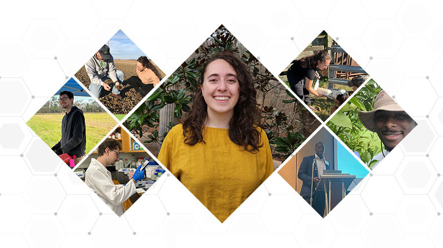 (Clockwise from bottom left) Doctoral students Daniel Matusinec (photos one and two), Maria Teresa Tancredi (photos three through five), and master's degree student Carlton Collins (photos six and seven) were honored with 2025 E. Broadus Browne Awards for the best graduate research from departments within the College of Agricultural and Environmental Sciences.