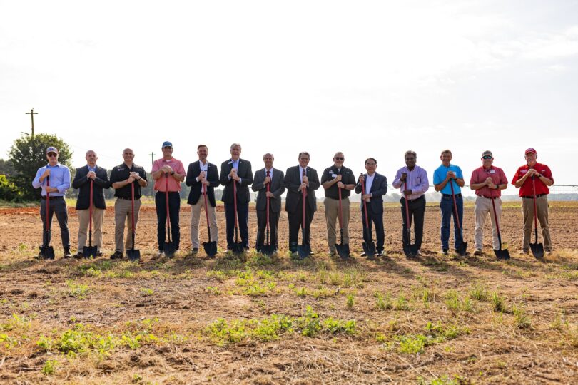 Leaders from the University of Georgia, Grand Farm and Georgia’s agriculture community break ground on UGA Grand Farm in Perry, Georgia. The 250-acre innovation farm will focus on advancing autonomous technologies and sustainable practices tailored to Southeast agriculture. (Photo by Sean Montgomery)