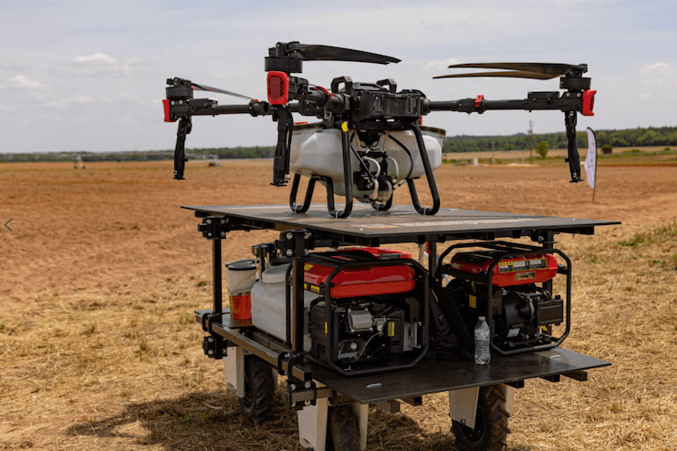 This is the automated Drone Dock system developed in CAES Assistant Professor Luan Oliveira’s Precision Horticulture Lab. The dock is designed to be an autonomous service platform for a spray drone. It was the grand winner at the 2025 Farm Robotics Challenge, where it competed against technologies from 37 other universities across the globe. (Photo by Sean Montgomery)