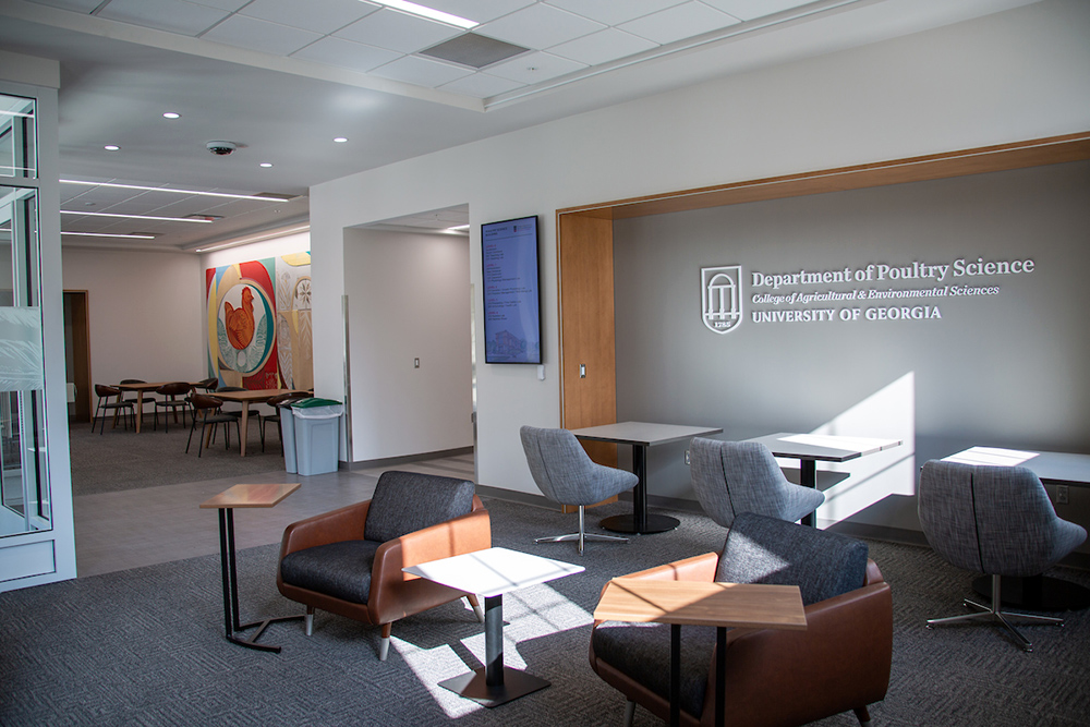 A wide angle shot of a student study space, filled with bright light around tables and chairs.