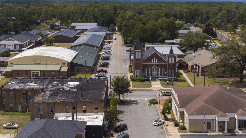 Aerial view of Main Street in downtown Pelham, Georgia.