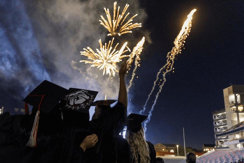 Students celebrate Commencement in Sanford Stadium in May 2025. (Photo by Andrew Davis Tucker/UGA)