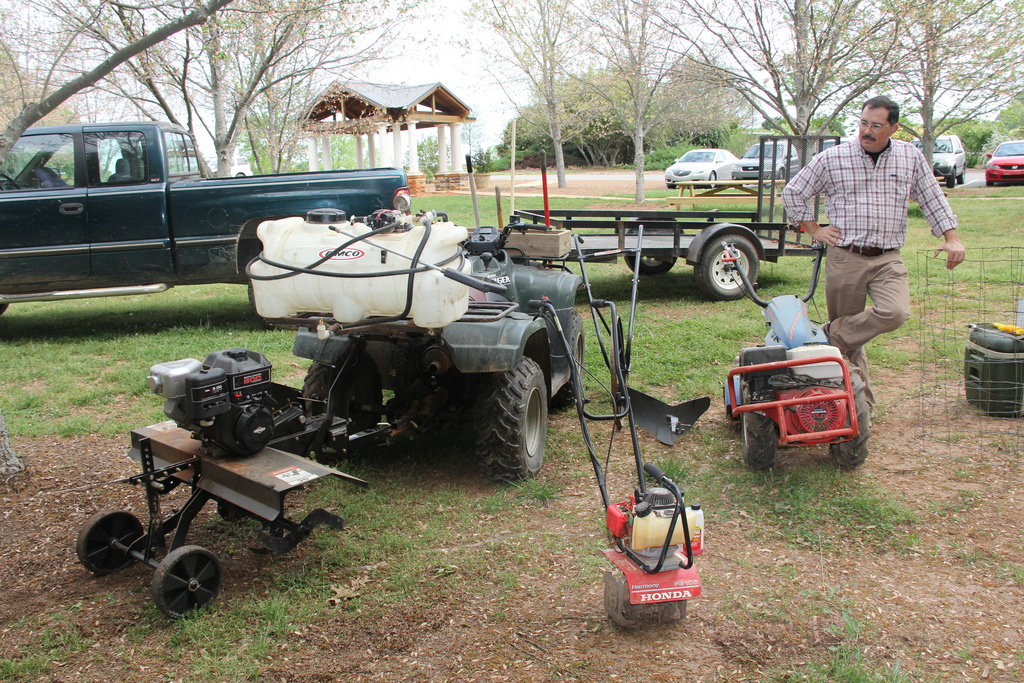 University of Georgia Cooperative Extension horticulturist Bob Westerfield displays several pieces of lawn and garden equipment during a class on the UGA campus in Griffin, Georgia.