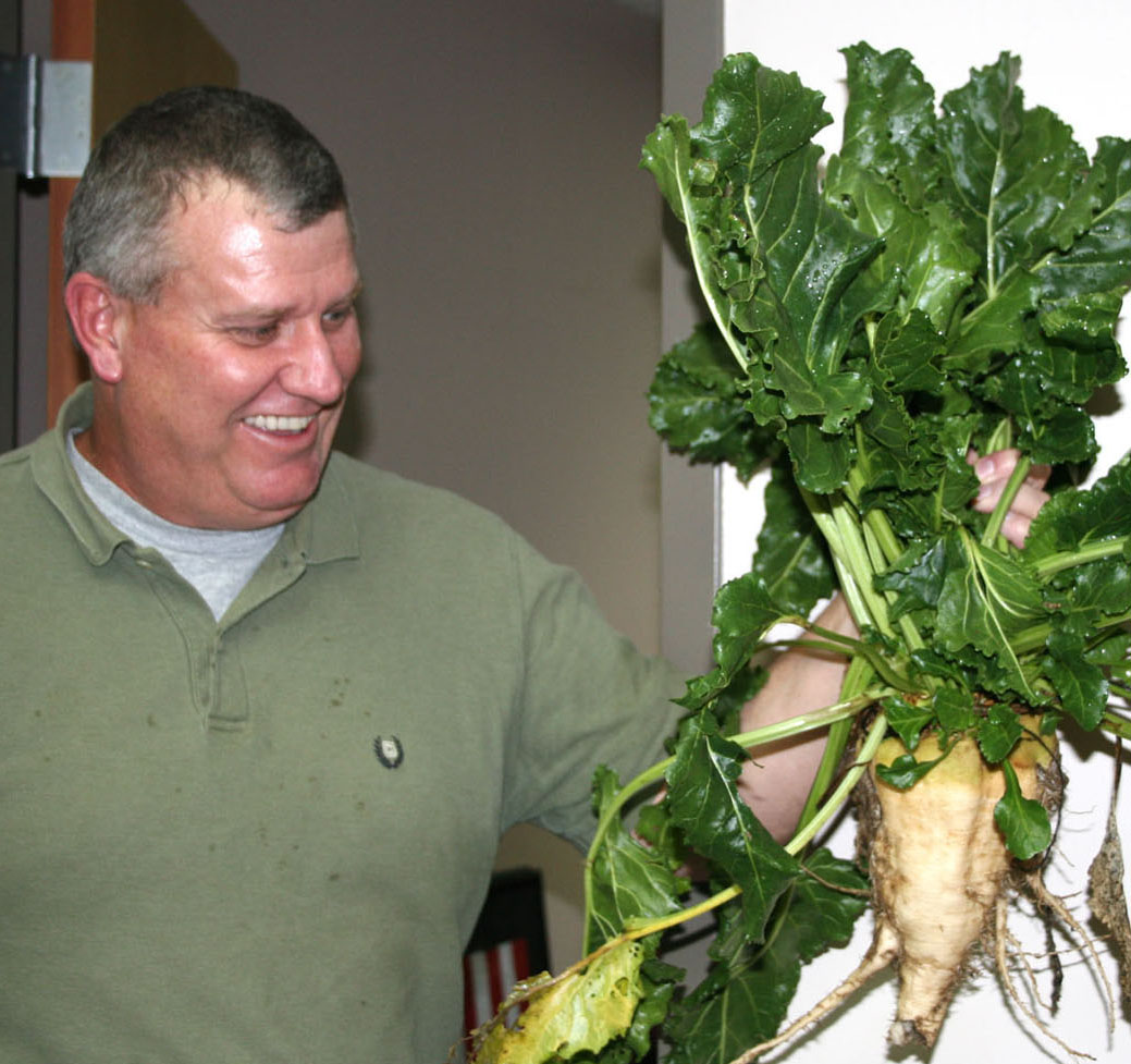 Tim Grey, an associate professor on the University of Georgia College of Agricultural and Environmental Sciences-Tifton campus, shows off a beet he pulled a couple of weeks ago.