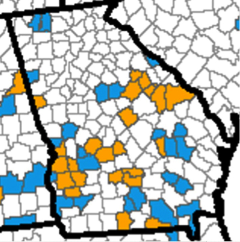 There are 45 counties in Georgia without active Community Collaborative Rain, Hail and Snow Network precipitation observers. In the map above the blue counties have in active weather observers, while the yellow counties have never had a volunteer observer registered with the network.