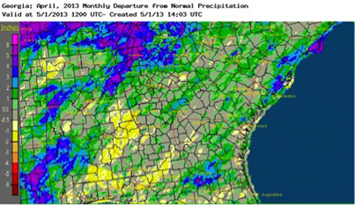 Rainfall in April was near normal for most of Georgia. 
Drought conditions continued to shrink across the state during April due to the seasonal rainfall and cool spring temperatures; the only area of Georgia left in drought is a small sliver along southeast coast.