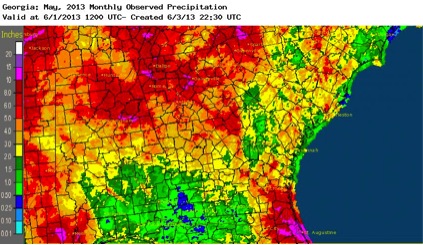Some areas of Georgia received significantly more rain than normal during May 2013, but left others too dry.