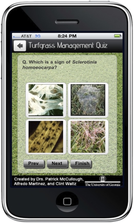 Turfgrass Management Quiz is a mobile app designed by University of Georgia faculty for turfgrass students. It can also be used by turfgrass professionals who want to brush up on their knowledge. It's a fun application that challenges users to get the best score, improve on their score and test their knowledge.