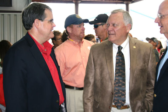 University of Georgia President Jere Morehead, left, Georgia Gov. Nathan Deal and Georgia Agricultural Commissioner Gary Black talk on Tuesday at the Sunbelt Ag Expo in Moultrie.