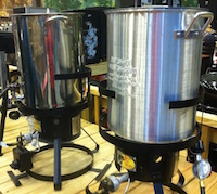 Propane-fired turkey fryers on display in a sporting goods store in Macon, Georgia.