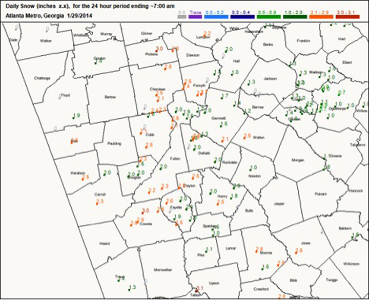 Areas of north Georgia received between 1 to 3 inches of snow at the end of January 2014.