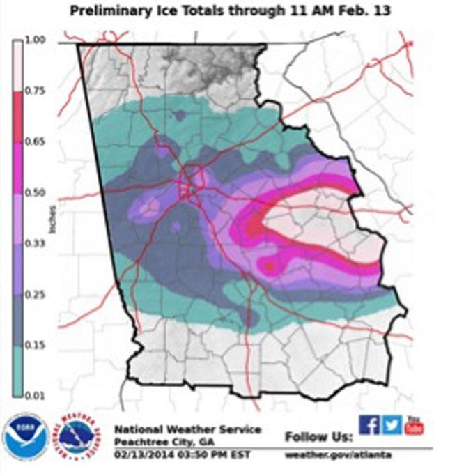 During the week of Feb.12-14, 2014, some parts of Georgia saw as much as 1 inch of ice accumulation.