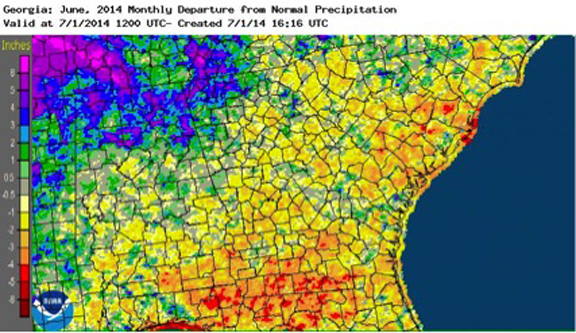 While the northwest corner of Georgia saw rainfall that was sometimes four or five inches above normal for June, some areas of the southwest saw rainfall four or five inches below normal.