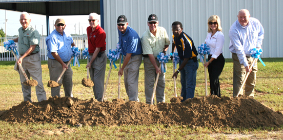 Georgia agricultural leaders took part in a groundbreaking in July at the Sunbelt Expo in Moultrie. The groundbreaking was for the new Spotlight State building, which will be constructed in time for the Expo, to be held Oct. 14-16. Participating in the groundbreaking are (from left): Georgia Agricultural Commissioner Gary Black, Georgia Farm Bureau President Zippy Duvall, University of Georgia College of Agricultural and Environmental Sciences Dean Scott Angle, Sunbelt Executive Director Chip Blalock, assistant director of the Georgia Development Authority Donald Wilder, professor of horticulture at Fort Valley State, James E. Brown, Brittany Beasley (representing Colombo North America) and ABAC President David Bridges.