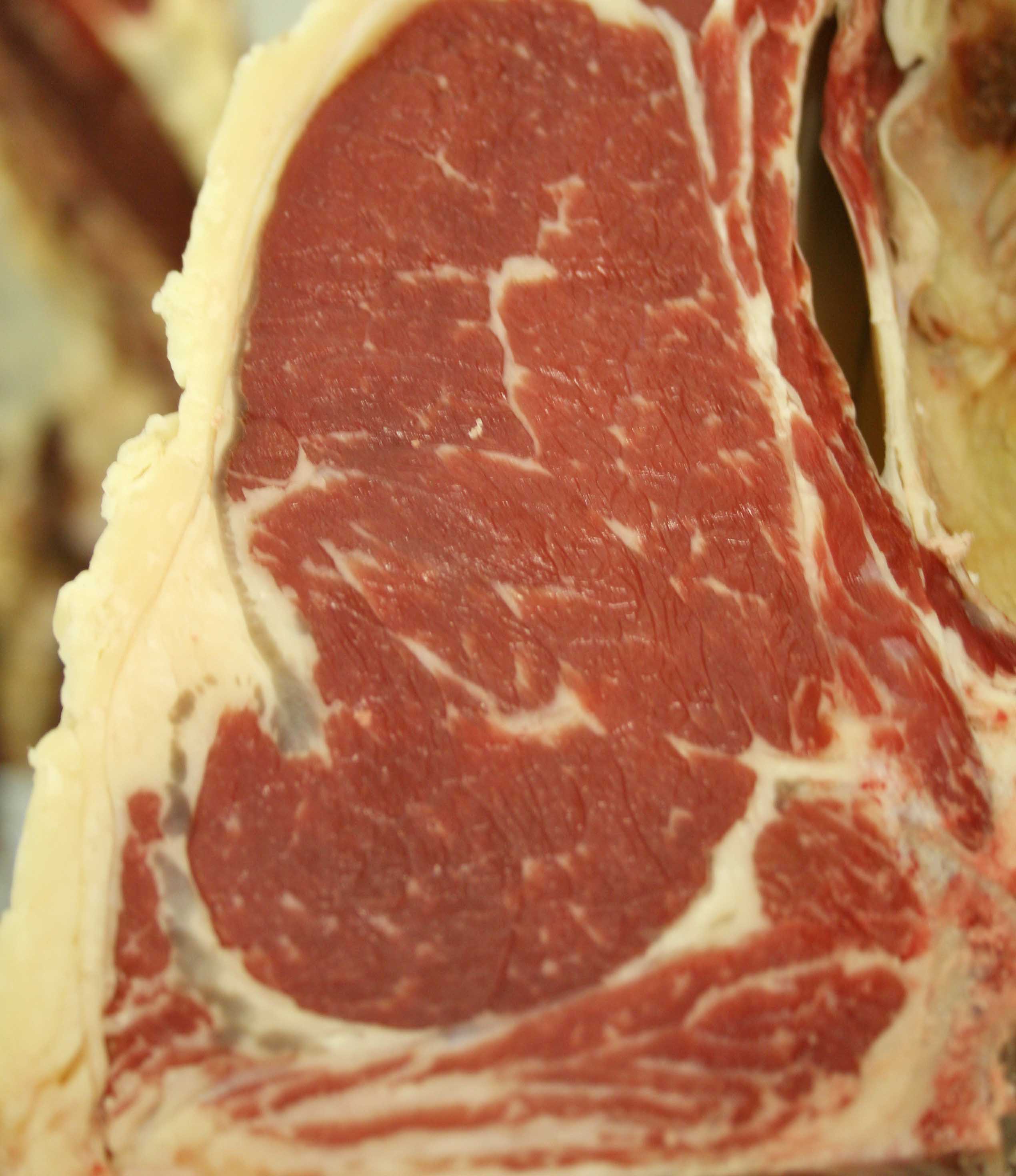 A well-marbled rib-eye steak taken from a grass-finished steer raised at UGA's Eatonton Beef Research Unit as part of a 2014 study on grass-finished beef forages.