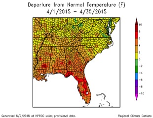 April 2015 was much warmer and wetter statewide than is usual for the month.