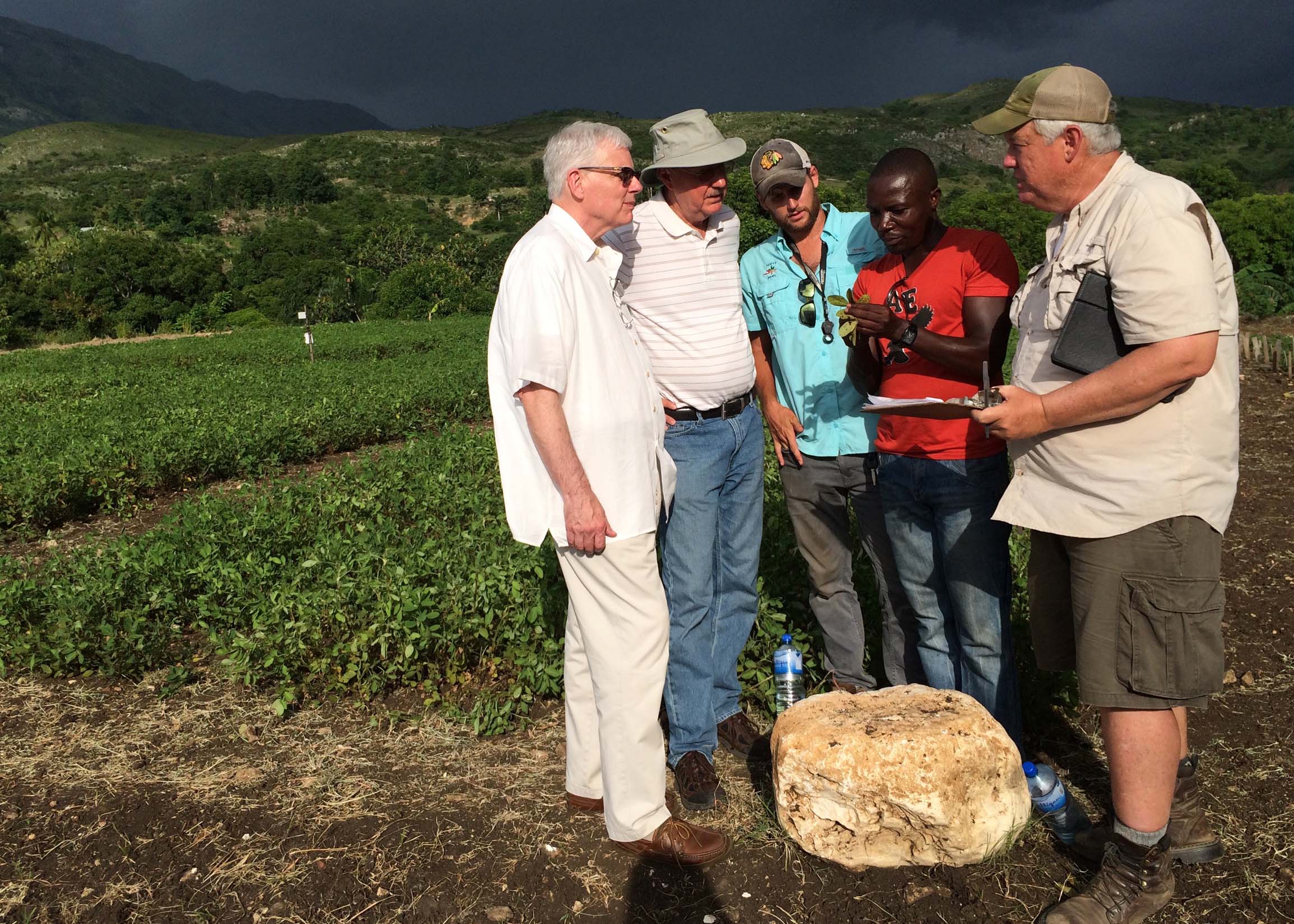 Left to Right: UGA College of Agricultural and Environmental Science Dean J. Scott Angle, PMIL Director Dave Hoisington, Food for Kids Ag Research Specialist Will Sheard, Meds and Food for Kids agronomist Jean Phillipe Dorzin and UGA peanut pathologist Bob Kemerait.