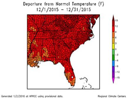 December 2015 was much warmer than normal across the southeastern United States.