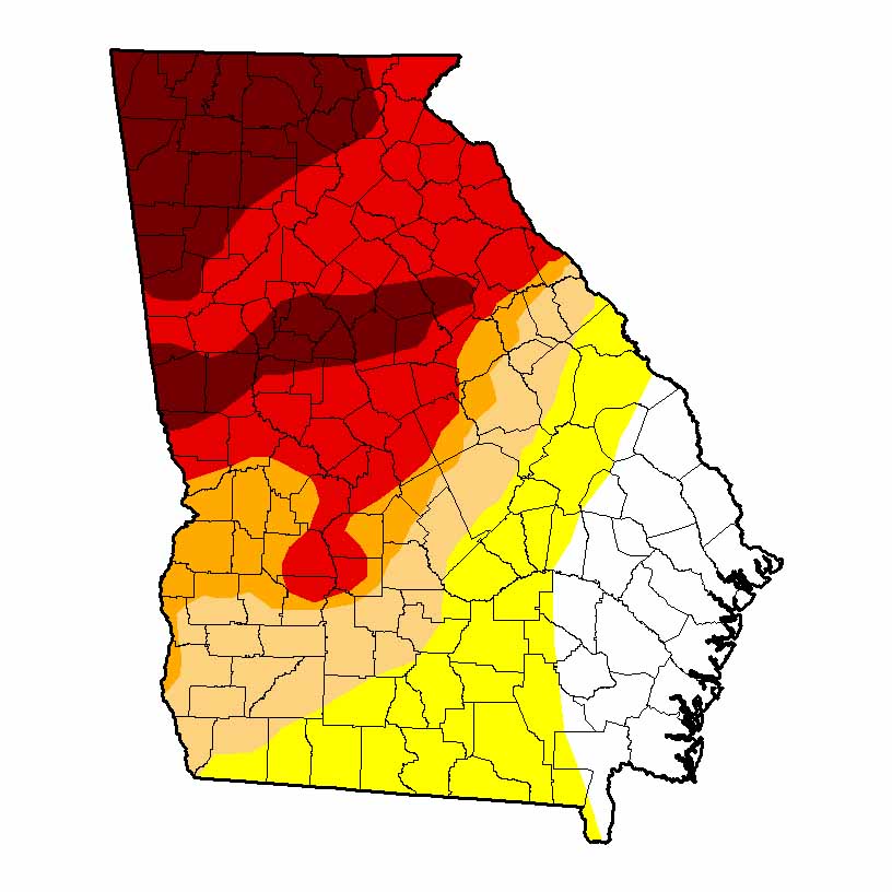 As of Nov. 1, almost 75 percent of Georgia has been designated as having abnormally dry or drought conditions, according to the U.S. Drought Monitor. Image credit: USDA Drought Monitor.