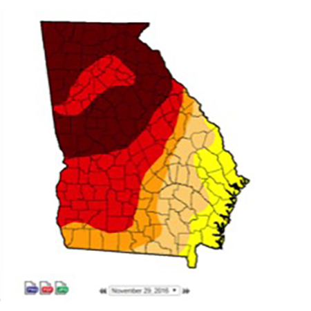 Despite rains from hurricanes Hermine and Matthew, the coast of Georgia was rated abnormally dry by the U.S. Drought Monitor by the end of November.