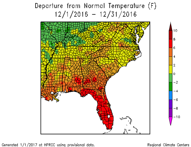 Temperatures were 2 to 6 degrees higher than normal across the state during December 2016.